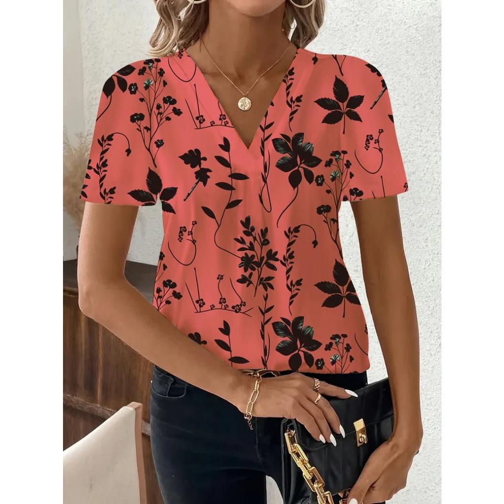 Summer V-neck 3D Printed Geometric Pattern Top Fashionable Casual Short Sleeved Women's T-shirts