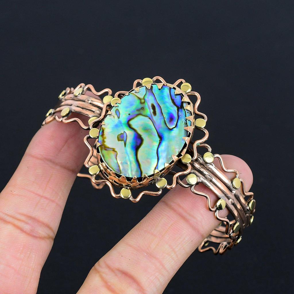 Abalone Shell Bangle  999 Copper Wire Wrapped Jewelry, Handmade Gemstone Bangle Jewelry, For Wedding Gift