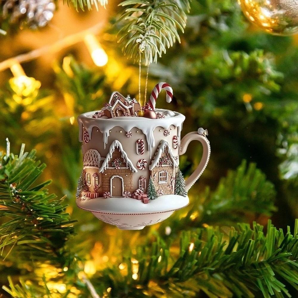 Snow House Christmas Hanging Pendant 2D Flat Chocolate Mug Car Coffee Cup Pendant Bag Charms Acrylic Xmas Tree Hanging Ornament