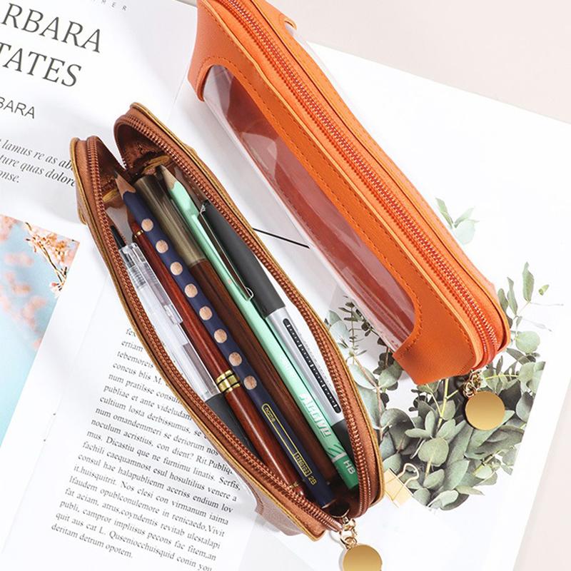 Pu Pencil Case Portable Waterproof Transparent Cosmetic Bag Zipper Makeup Brush Storage Bag Sundries Organizers Stationery Gifts