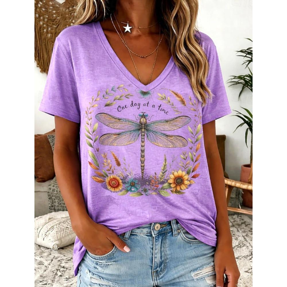 Women Summer T Shirt  Dragonfly Pattern Print Short Sleeve Tees Casual Printed Tops