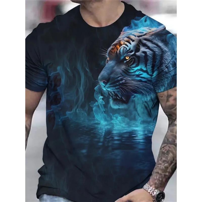 Summer Round Neck 3D Tiger Print Top Fashionable Casual Short Sleeved Men's T-shirts