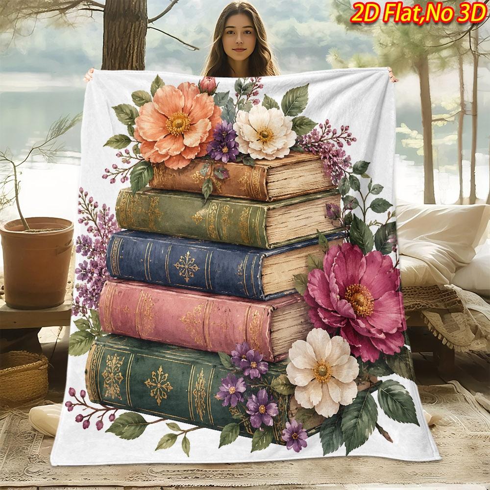 1pc 2D Flat Printing Spring & Summer New Arrival Retro Book Floral Theme Digital Print Blanket, All Seasons, Casual Throw, 100% Polyester Soft And Com