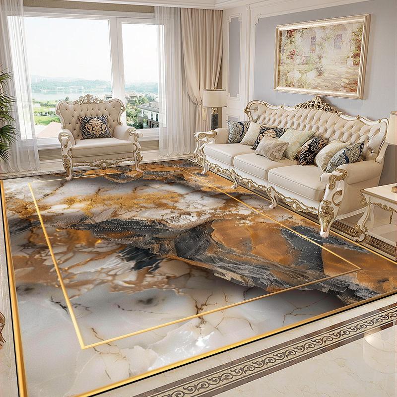 Luxurious Gold Carpets for Living Room Marble Style European Decoration Sofa Area Rugs Non-slip Bedroom Washable Soft Floor Mat