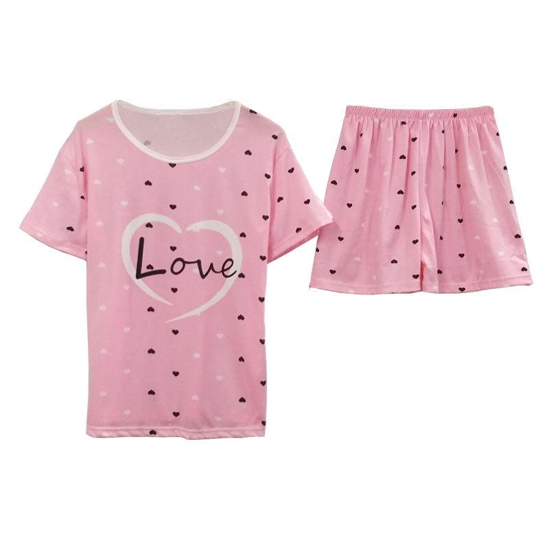 Letni zestaw piżam damskich: Okrągły dekolt, Krótki rękaw, Nadruk z kreskówką, Odmładzająca odzież domowa