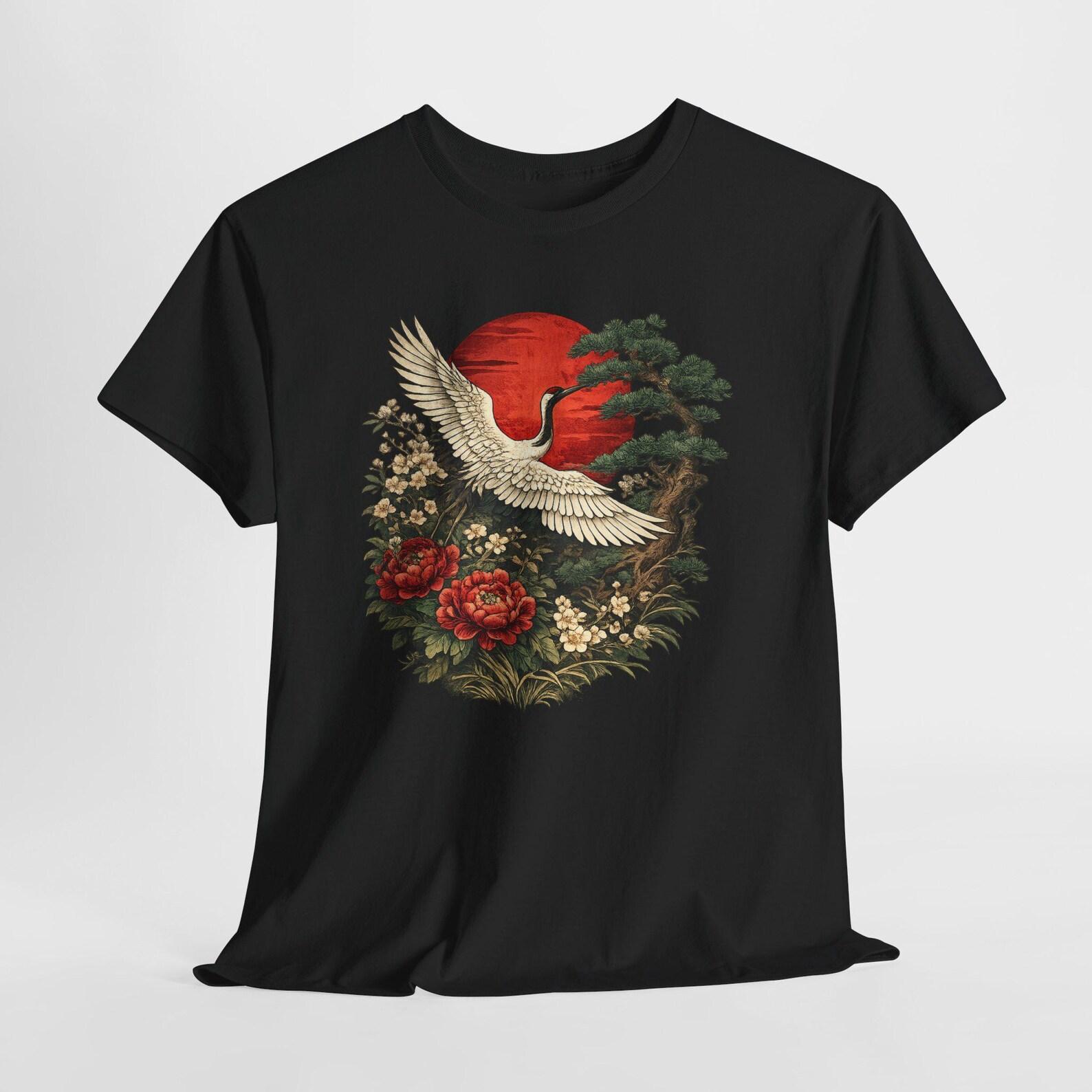 Japanese Crane T Shirt, Vintage Red Sun Floral Bird Graphic Tee, Oriental Art Style Shirt, Retro Japanese Aesthetic Tee, Crane Art Shirt L