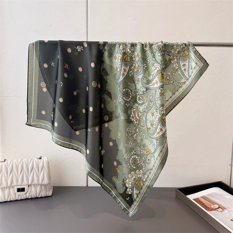 Women Fashion Spring Summer Lady Printed Imitation Silk Scarf Elegant Shawl Versatile Square Neckerchief and Headscarf