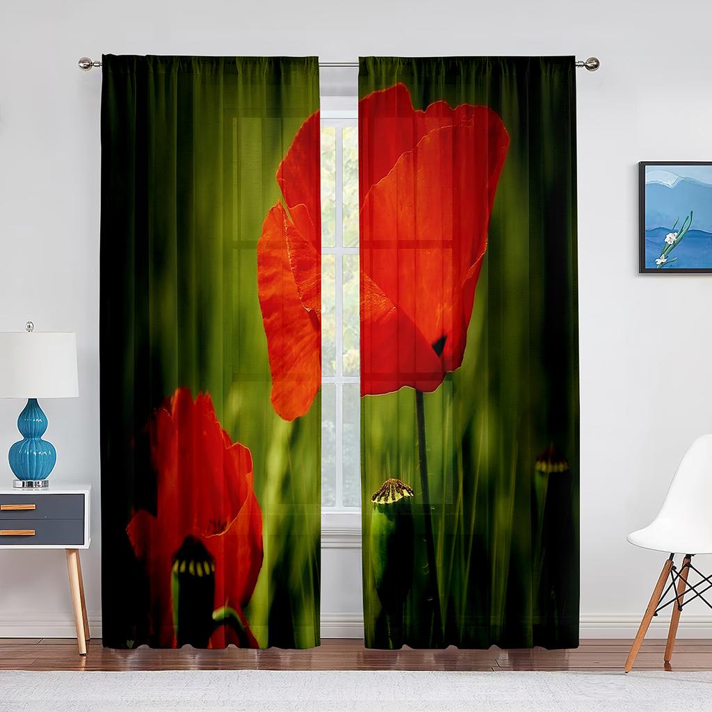 Poppy Flower Red Floral Sheer Voile Curtains for Living Room Bedroom Kitchen Tulle Window Curtain Home Decoration Chiffon Drapes