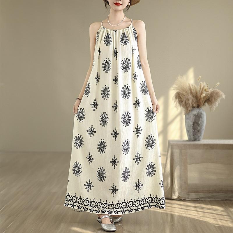 

Без рукавов на бретельках Большие размеры винтажные цветочные новые платья для женщин повседневное свободное длинное летнее платье белый