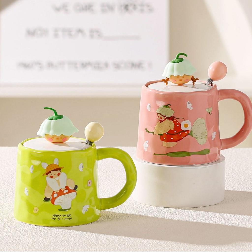 Cartoon Cute Mug with Cover Spoon High Looking Creative Birthday Drink Water Cup for Girls Home Souvenir Ceramic Cup