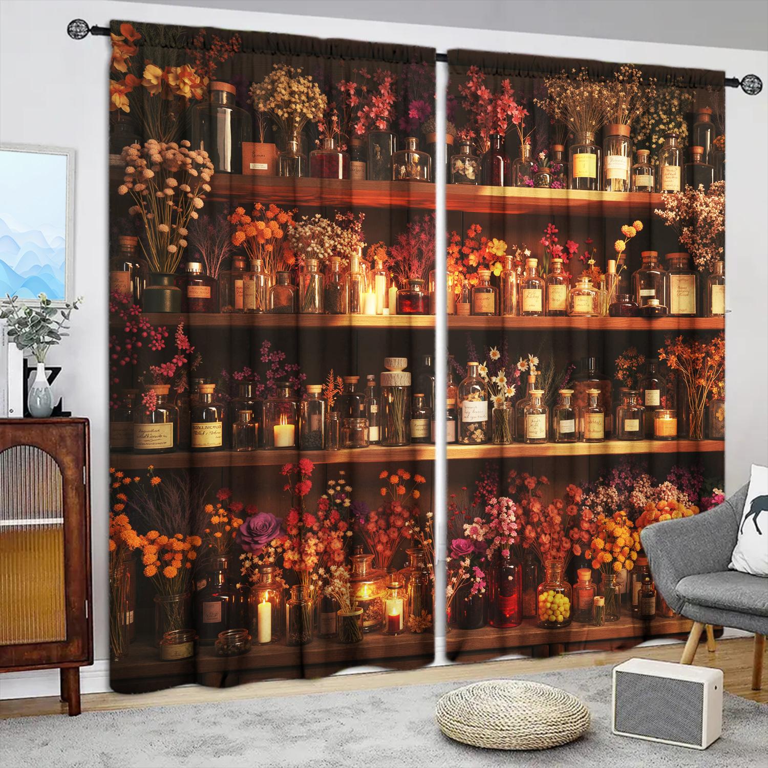 

2-Panels Vintage Art Dried Flower Stand Printed Curtains - Heat-insulating Suitable for Decorating Curtains in Various Rooms 100*130 Rod Pocket 1pcs