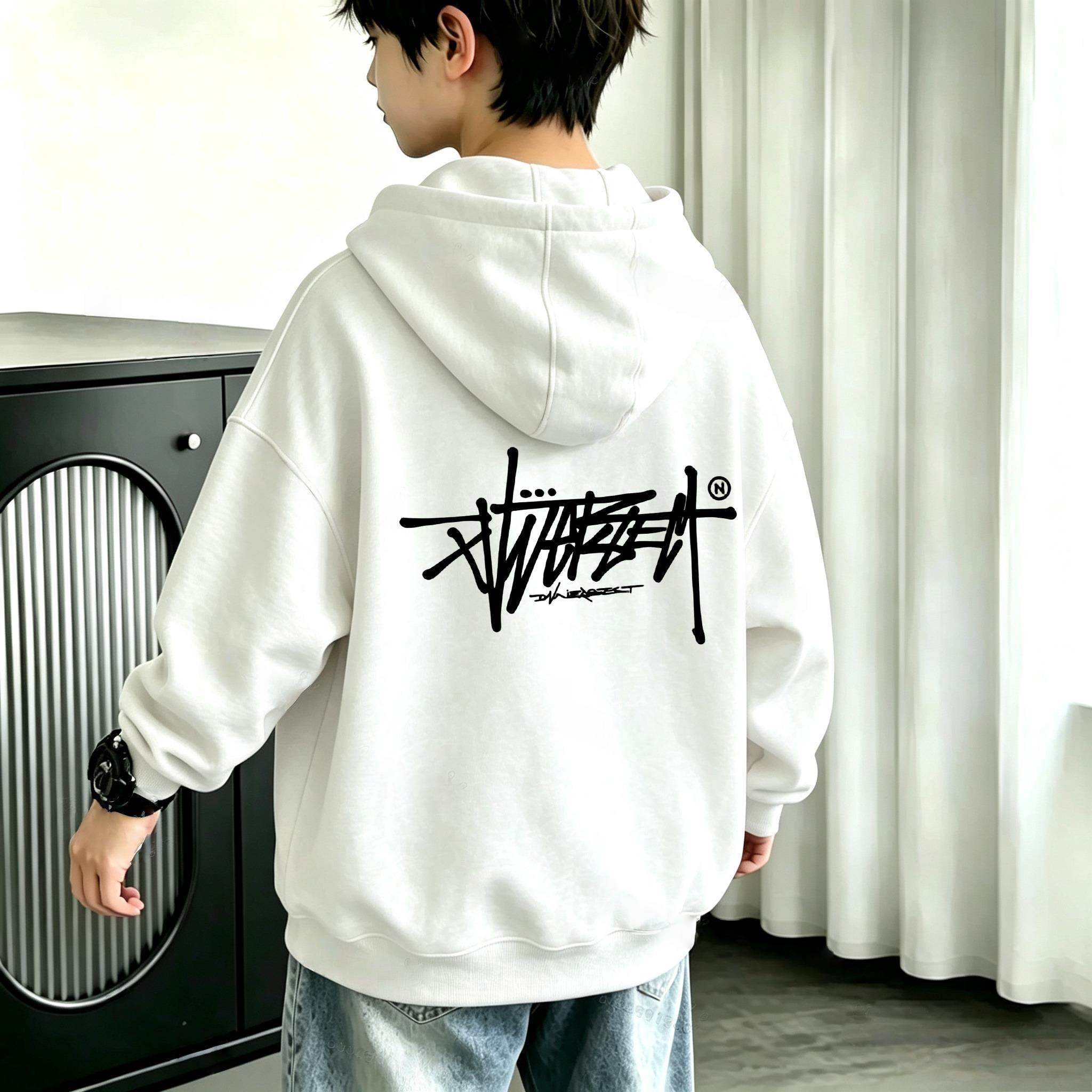 Warmer Kinder Kapuzenpullover, Trend Graffiti Schriftzug Logo Einfacher Print Grafik Sweatshirt, Herbst Winter Freizeit Langarm Oberteil für Kinder Tägliches Tragen 140 schwarz