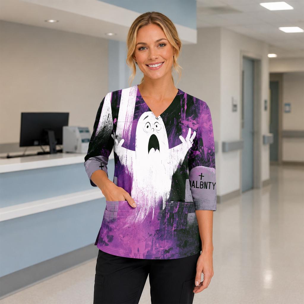 Women's Halloween Top V-Neck with Pockets Side Slit 3/4 Sleeve Costume Scrub Shirt