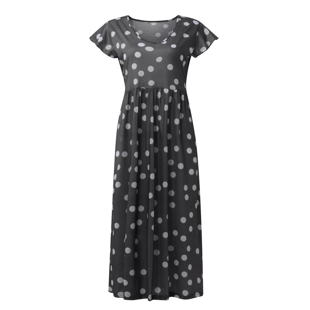 Moda Donna Primavera Estate Scollo a V Vita Orlo Ampio Abito Stampa a Pois