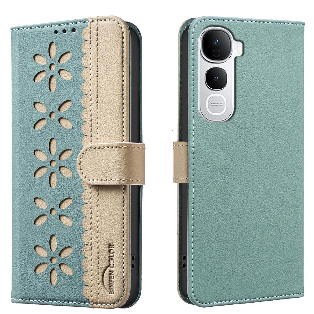 

For vivo Y400 Pro 5G Leather Case BINFEN COLOR BF36 Floral Pattern Phone Cover RFID Blocking Wallet Stand Green