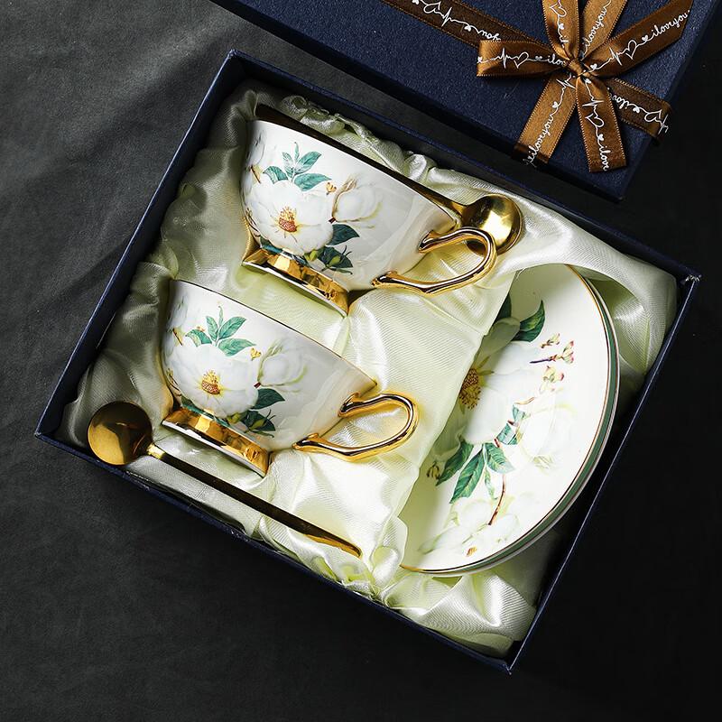 

Camellia Ceramic Coffee Cup Gift Set 2 Cups 2 Saucers 2 Spoons Gift Set