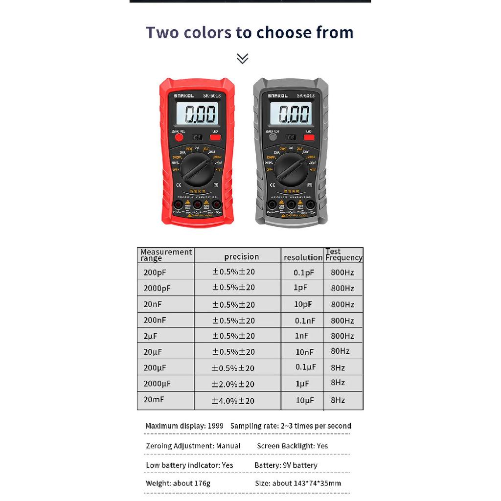 SK-6013 Digital Capacimeter Professional Capacitance Meter 20000uf Capacitor Tester 1999 Counts Electrician Multimeter