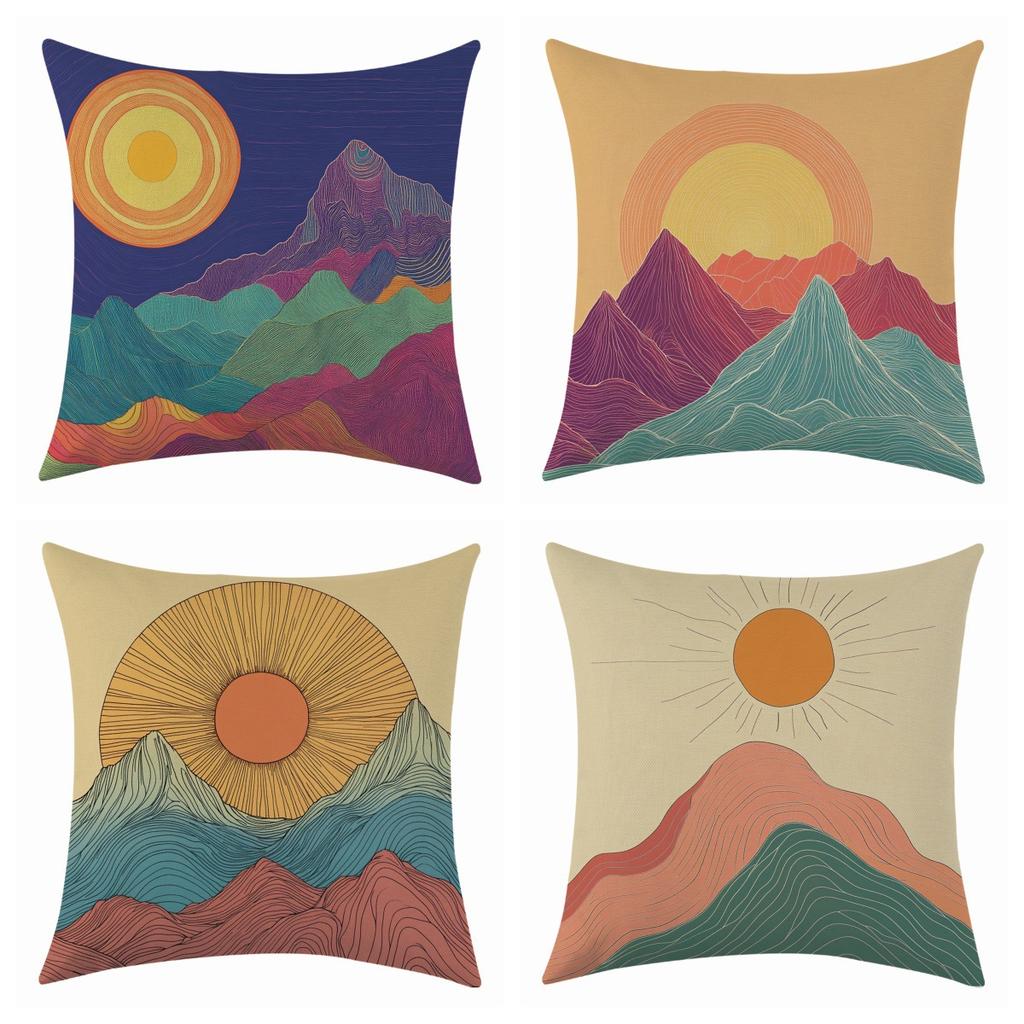 New Oil Painting Sunrise Impression Linen Pillowcase, Simple Four-piece Set with Label
