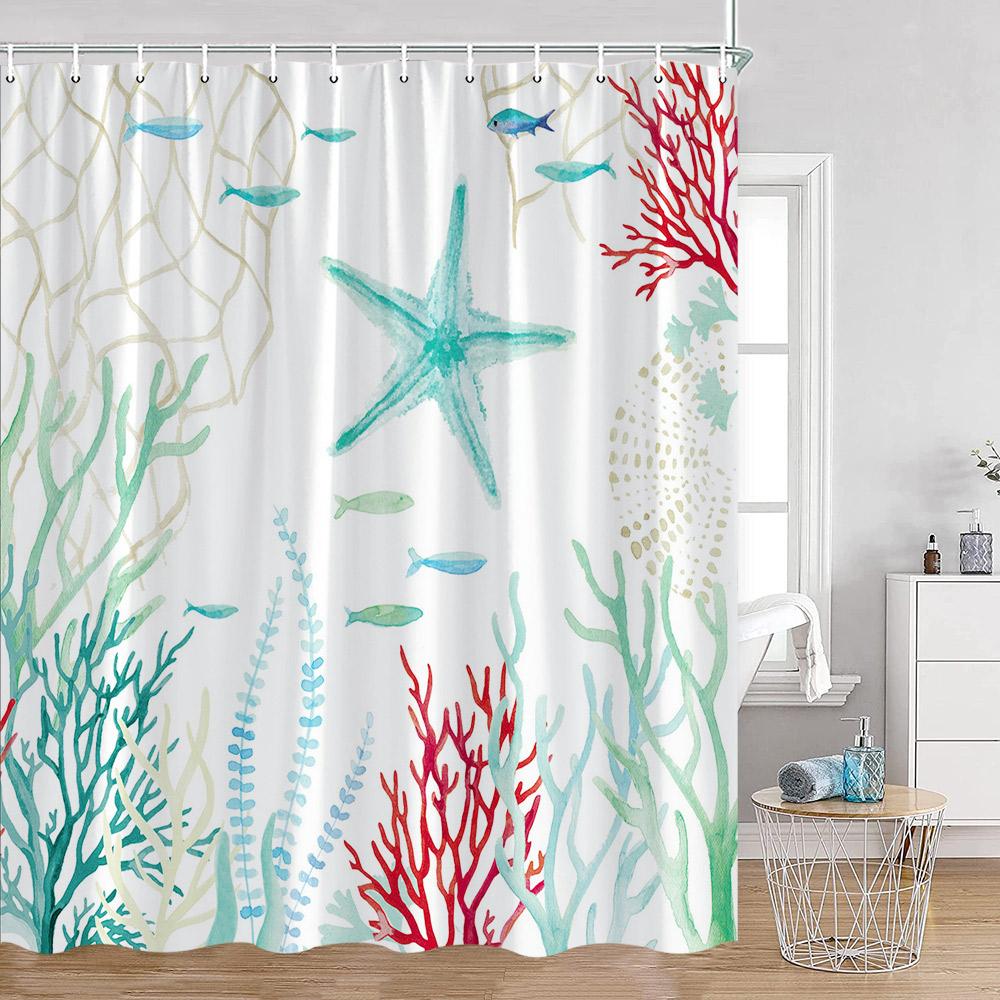 Cartoon Ocean Animals Watercolor Shower Curtains Octopus Turtle Jellyfish Whale Sea Bathroom Decorations Polyester Bath Curtains