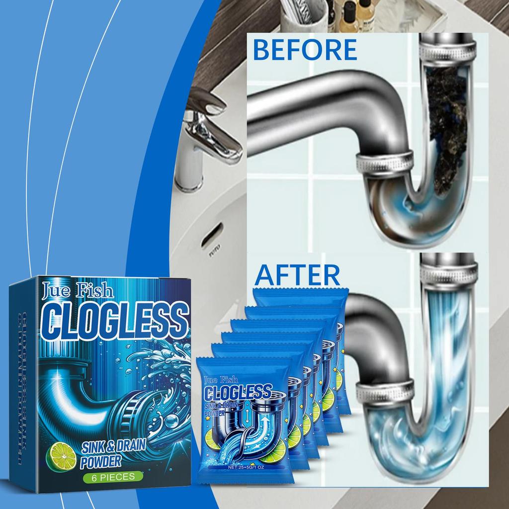 Jue Fish Drain Cleaning Powder (6pcs) for Kitchen and Bathroom Drains - Cleans and Unblocks Drains, Removes Blockages