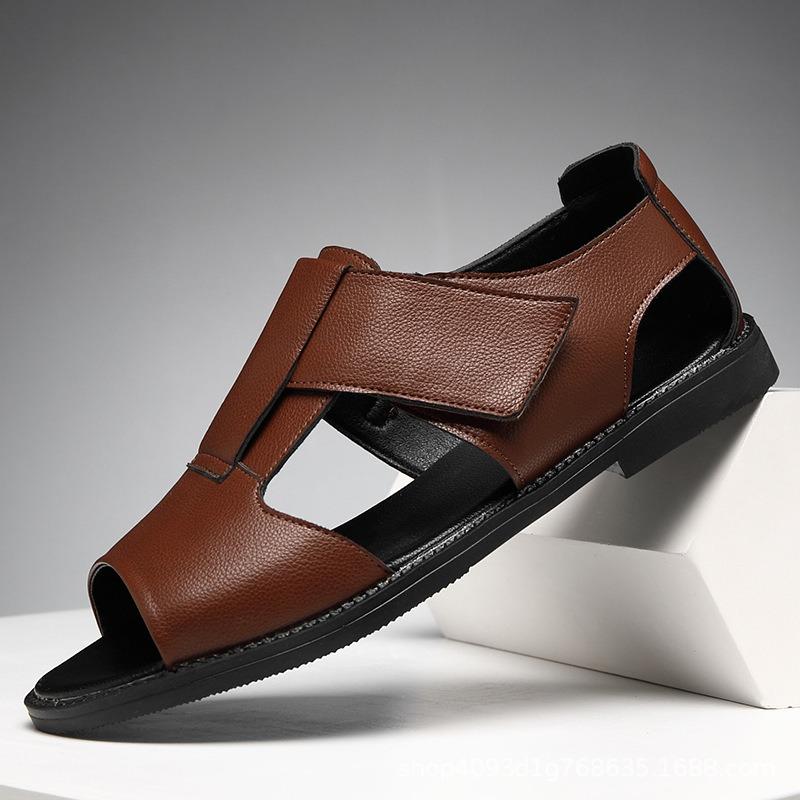 Men's Sandals New Summer Open-toe Trend Cowhide Casual Slippers Outdoor Beach Shoes 4