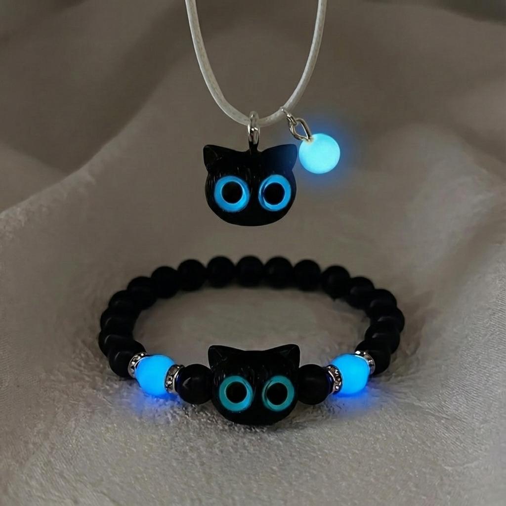 Luminous Black Cat Pendant Bracelets for Women Men Cute Cartoon Resin Big Eye Kitten Pendant Necklace Fashion Couple Jewelry