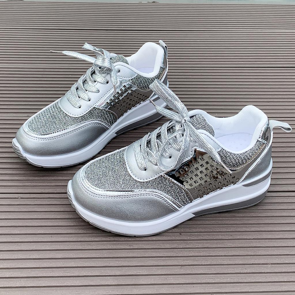 European and American Women's Wedge-heeled Thick-soled Sneakers, Breathable Sequined Round-toe Lace-up Spring and Autumn Casual Sneakers