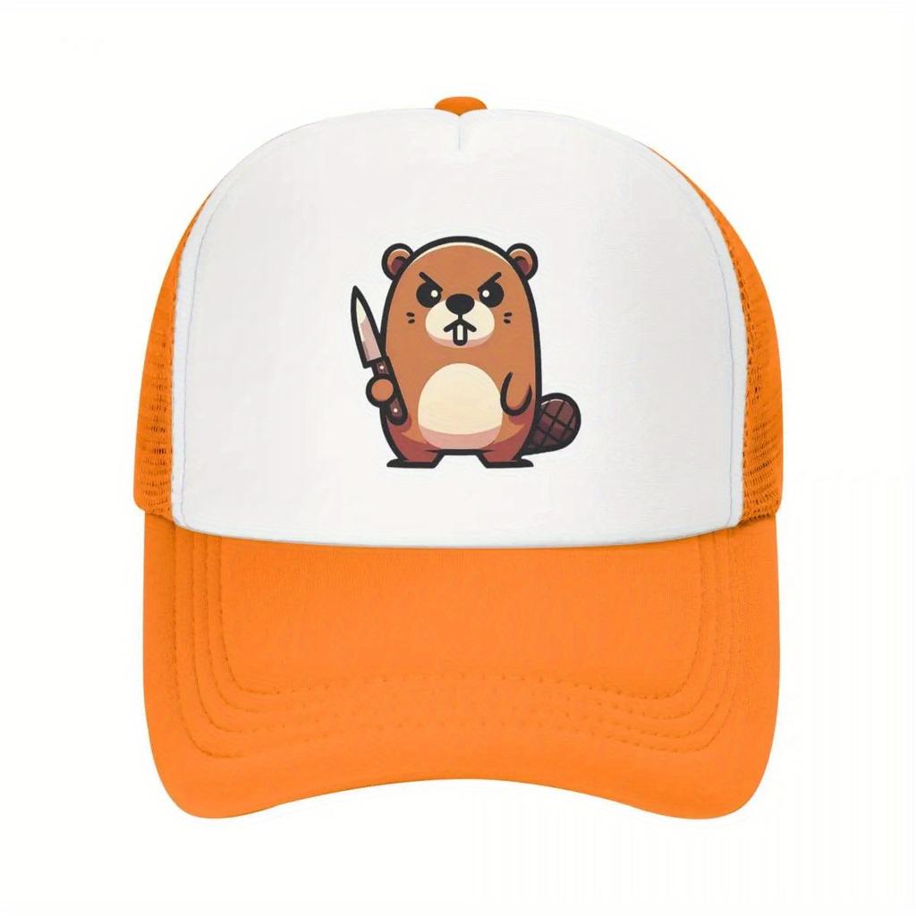 Angry Beaver With Knife Graphic Trucker Cap Polyester Mesh Baseball Hat Adjustable Casual Unisex Headwear