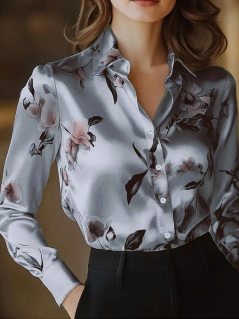Floral Print Button Down Long Sleeve Shirt, Suitable For Dates, Holidays, Everyday, Birthday Parties, Singles Parties, Travel, Spring/Autumn Vacation