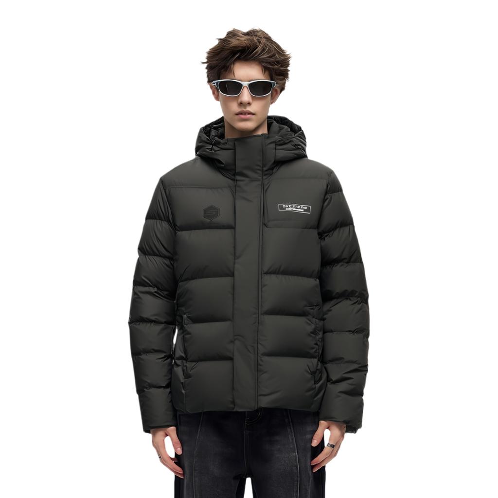 Skechers Letter Patch Hooded Woven Short Jacket Down Coat Men Jackets Carbon-Black P423M028-0018