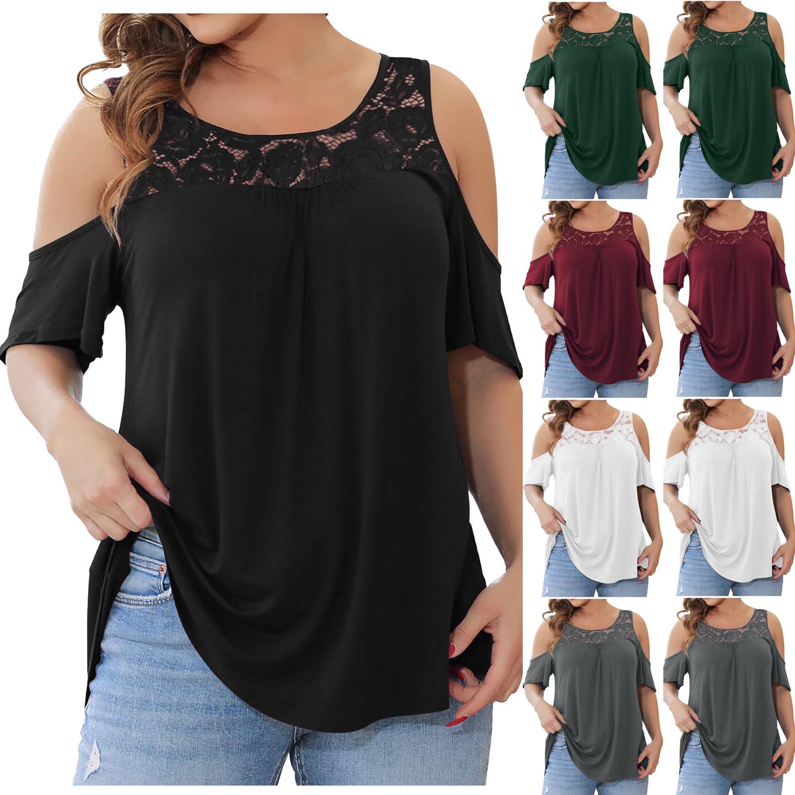 

Fashion Women s Lace 2022 Solid O-Neck Short Sleeve Plus Size Loose Comfortable Strapless Top