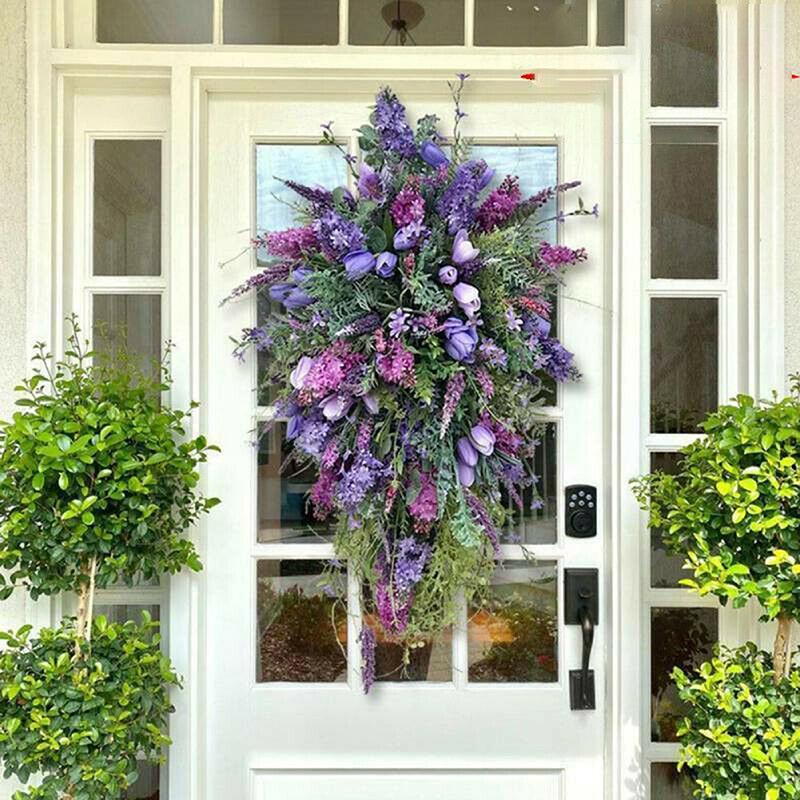 Lights4fun Ghirlanda Primaverile da 45 cm con Fogliame Artificiale e Fiori Decorazione di Primavera Pasqua per Porta d'Ingresso Decorazione da Tavolo per Interni