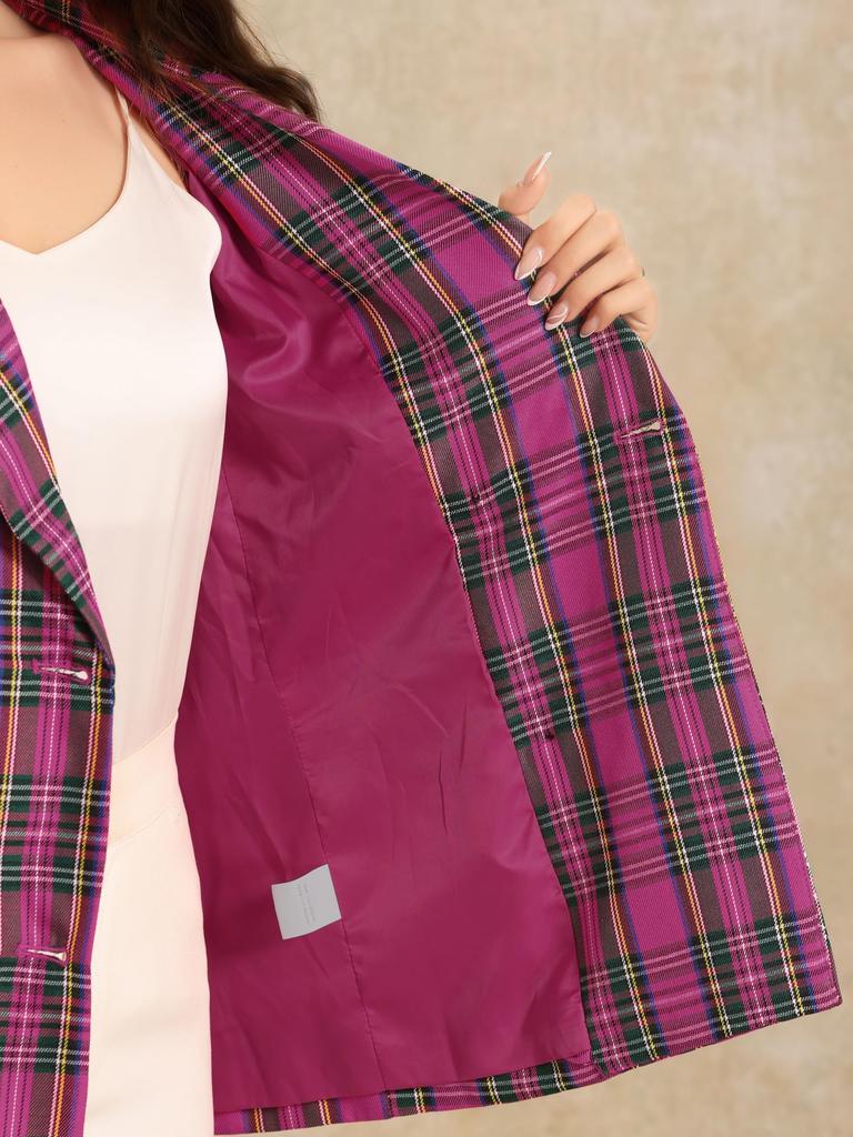 Allegra K Christmas Checkered Jacket, Tailored Blazer, Outerwear for Spring/Autumn, Office Casual, Women's, Hot Pink, Size S