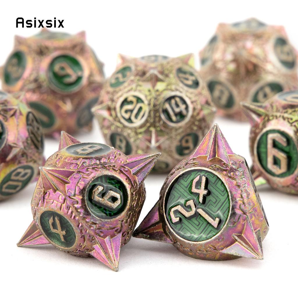 7 Pcs Red Green Meteor Hammer Metal Dice Solid Metal Polyhedral Dice Set Suitable For Role-Playing Dice PropBoard Game Gift
