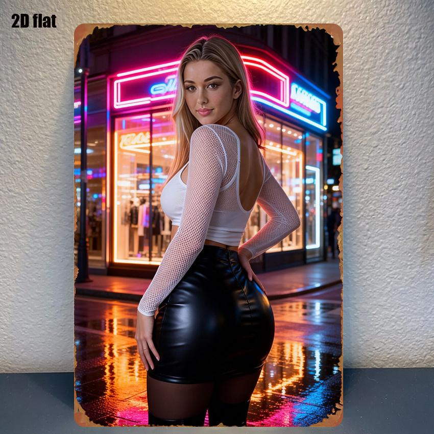 pc Sign Fashionable Woman Under Neon Lights at Night Metal Wall Art with PreDrilled Holes for Easy Hanging Durable Living