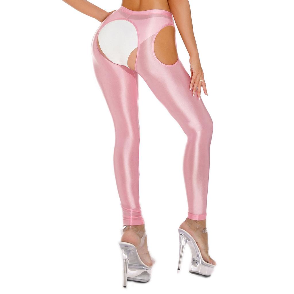 Damen Glänzende Yoga-Leggings Cutout-Design Hoher Bund Offener Schritt Oberschenkel Ausgeschnitten Dehnbar Skinny Hosen