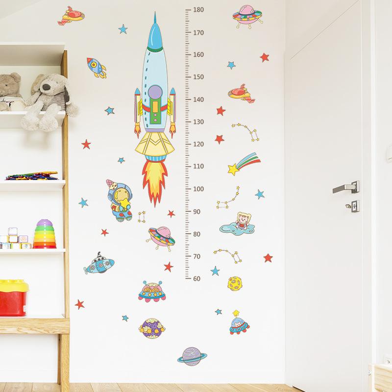 Cartoon Planets Rocket Height Chart Wall Sticker Self-Adhesive Removable for Kids Room Nursery Home Decor