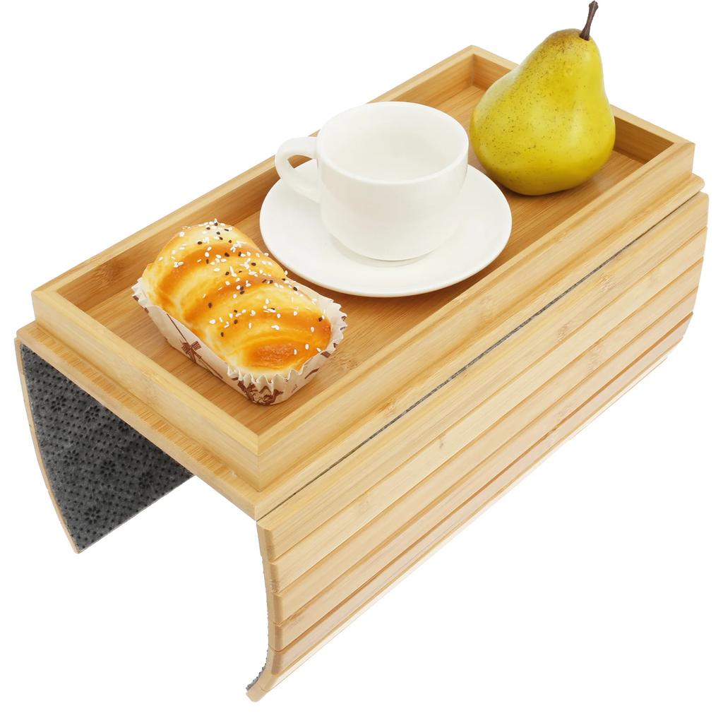 3 in 1 Couch Cup Holder Natural Bamboo Sofa Armrest Tray Foldable Beverage Cups Remote Control Phone Holder Multifunctional