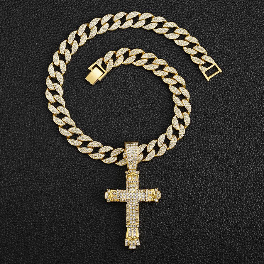 New European and American Style Hip-Hop Cross Pendant with Zircon and Cuban Link Chain Gold Plated Alloy Necklace for Party