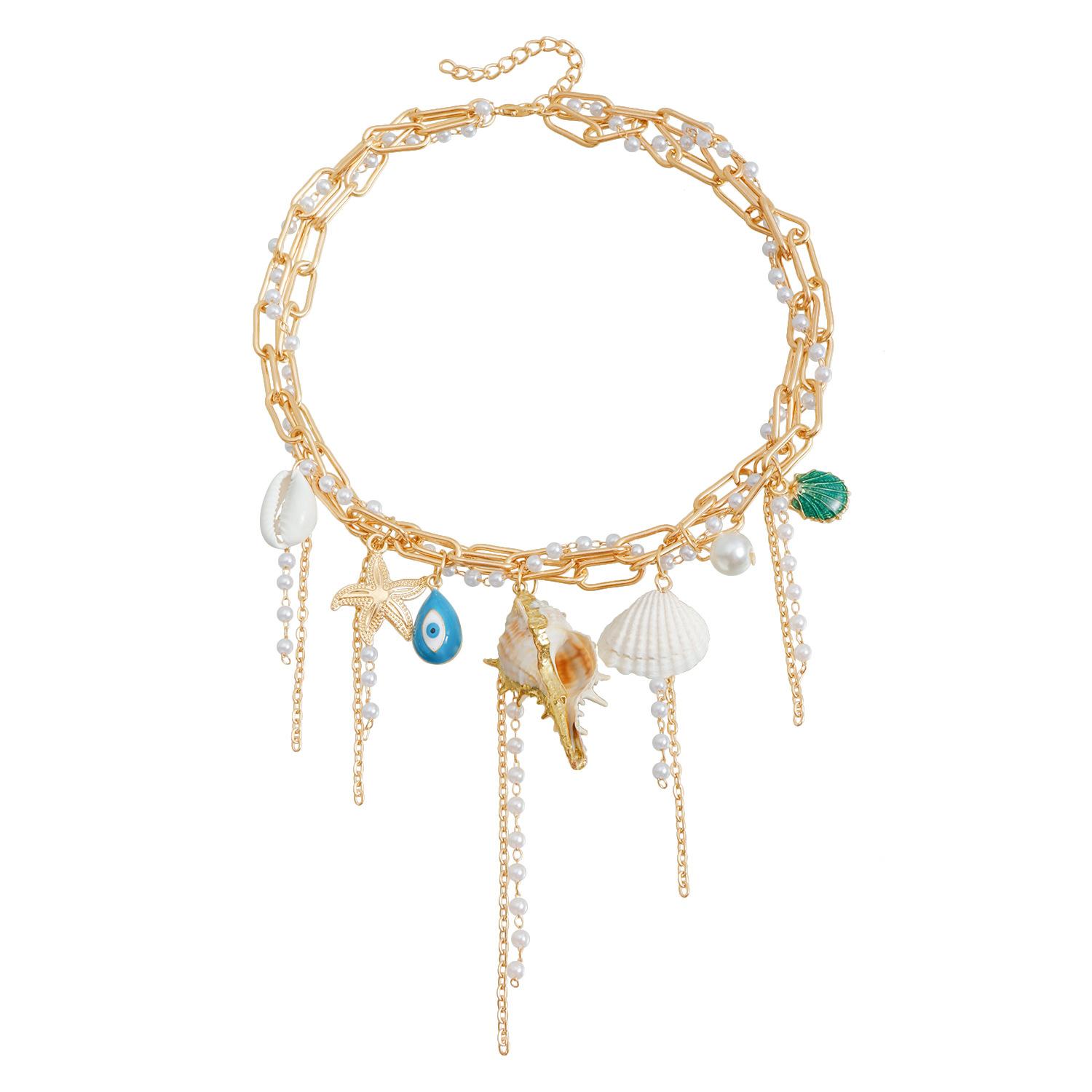 

Богемное ожерелье-подвеска с ракушкой и бахромой, многослойная цепочка, чокер золотой