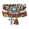 Bohemian Retro Flower Tassel Beaded Bracelet Set - 5-Piece Elastic Cord with Wood Beads