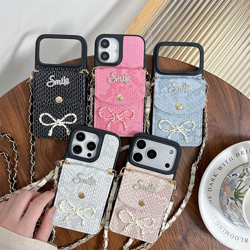 For Apple 16plus Crossbody Coin Purse Mobile Phone Case for IPhone17 Bow Tie Snakeskin Pattern Card Holder 14 Imitation Leather 15