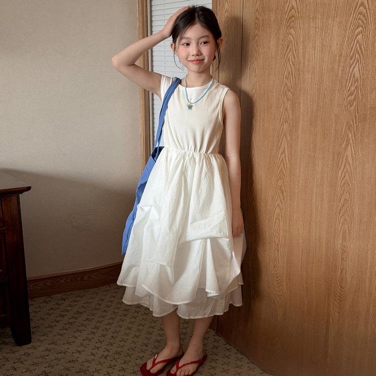 Girls  Korean Style Irregular Sleeveless Summer Dress - Sweet Fresh Princess Design for Middle and Big Kids 140 cm