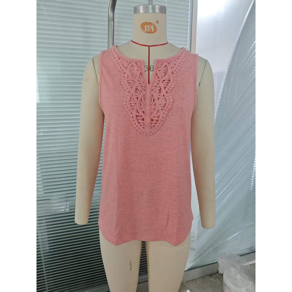 Spring Summer New Solid Color V-Neck Lace Trim Loose Sleeveless Vest T-Shirt Top for Amazon Cross-border Europe USA