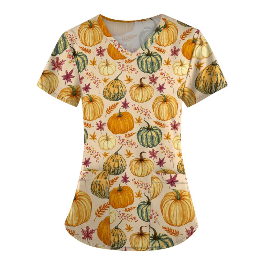 Modisches T-Shirt für Damen mit V-Ausschnitt, kurzen Ärmeln und Tasche, Halloween-Print