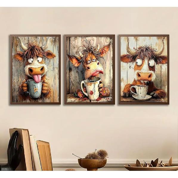 3pcs Funny Cow Canvas Wall Art Humor Dreaming Cow Drinking Coffee Posters Prints Paintings Playful Country Farmhouse Animals Wall Decor Pictures for