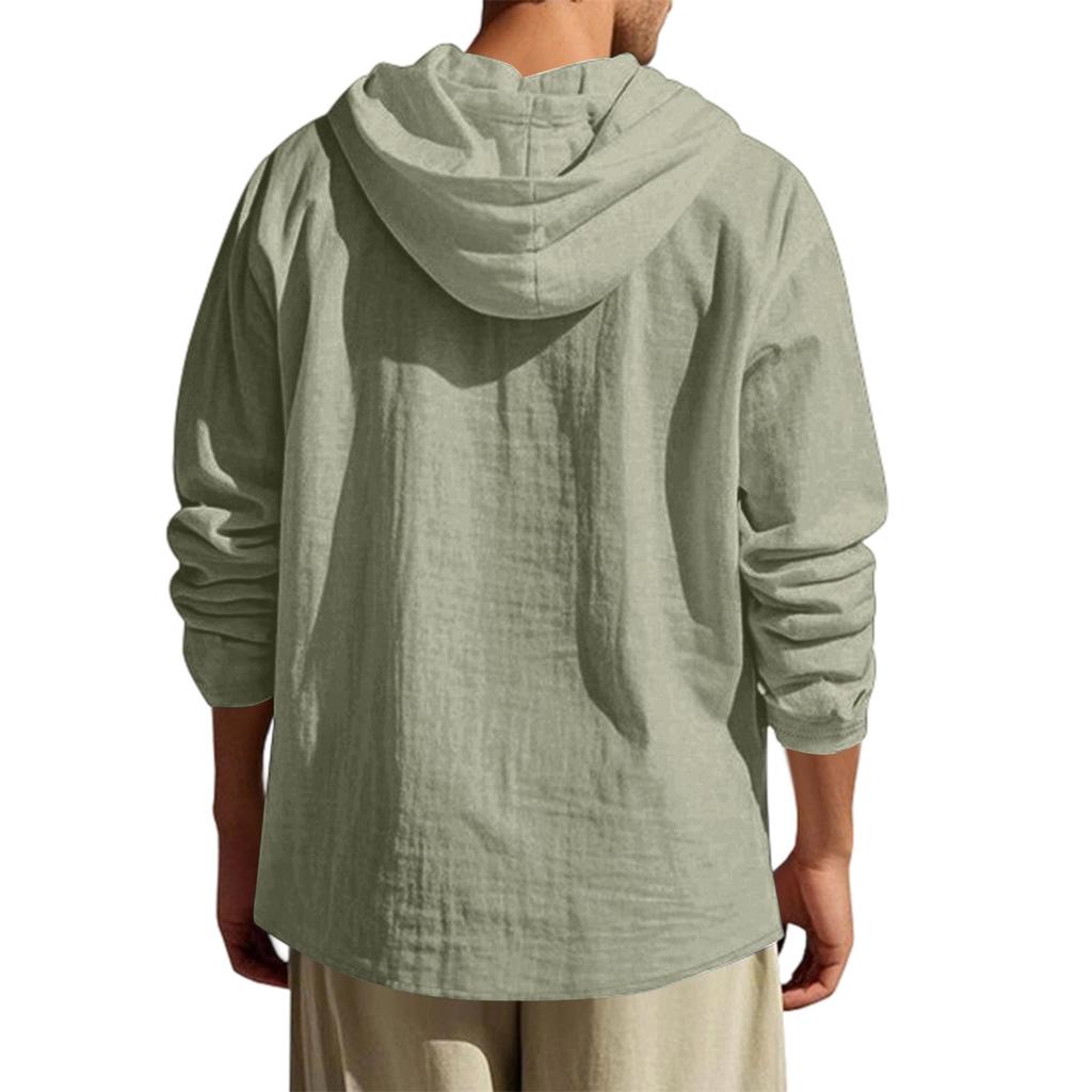 Herren Leinen Langarm Kapuzen Casual Hemd Lockerer Schnitt für Frühling und Herbst