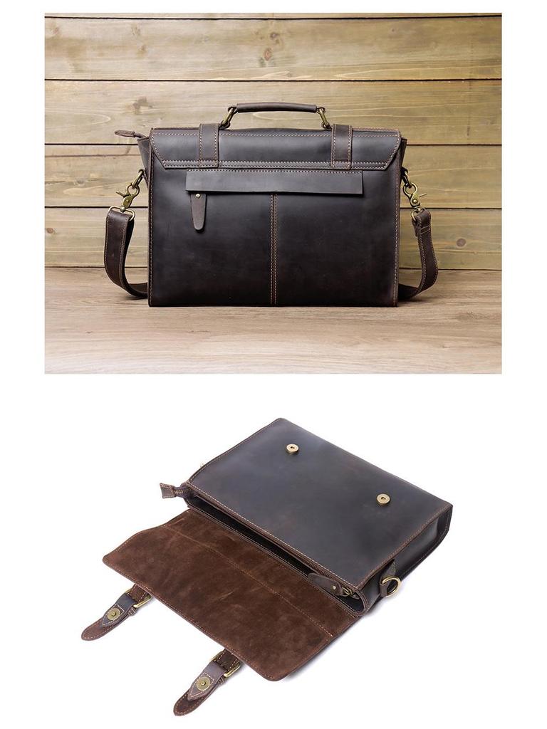 Genuine Crazy Horse Leather Men's Briefcase and Crossbody Bag