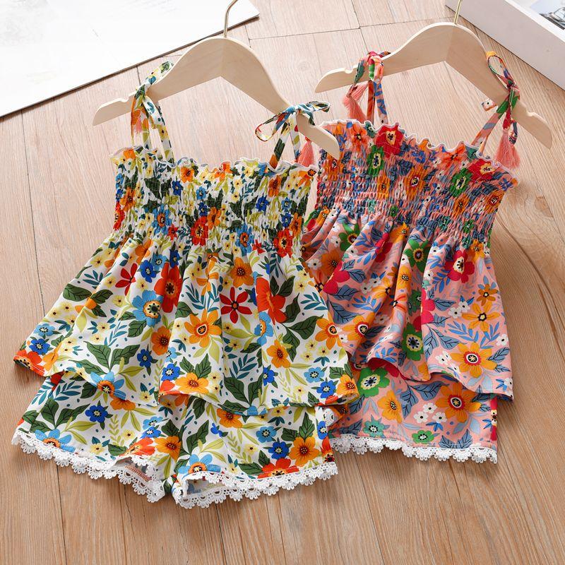 Girls' Floral Chiffon Set Summer New Item for Baby Girls Children's Camisole Top Lace Shorts Two-piece Set