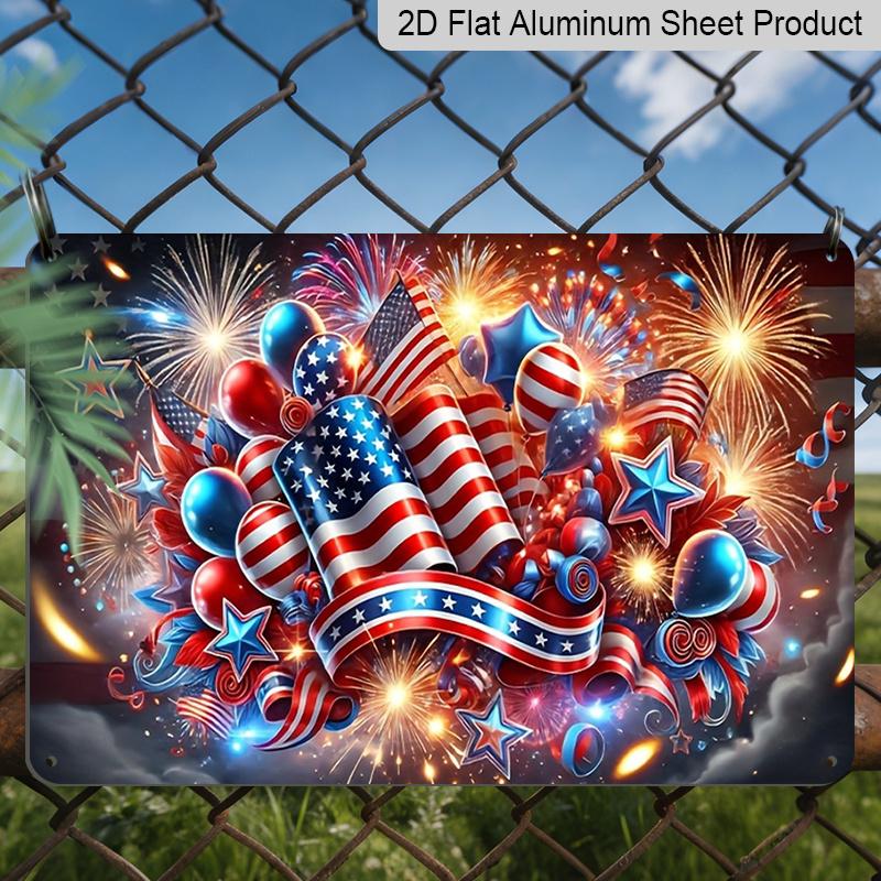 2D Flat, 1pc Patriotic Celebration Plaque, 12"×8" - Fireworks & Balloons Decor Sign, Red White & Blue - Aluminium Wall Hanging Decoration for